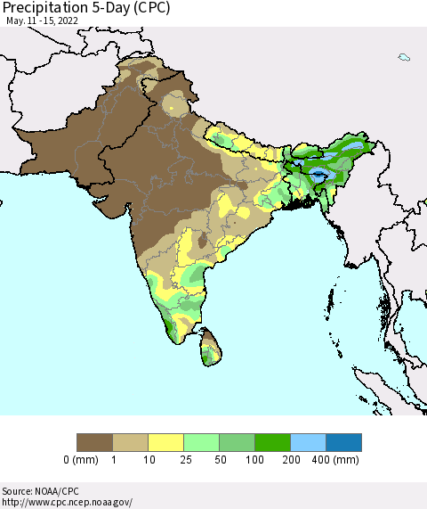 Southern Asia Precipitation 5-Day (CPC) Thematic Map For 5/11/2022 - 5/15/2022