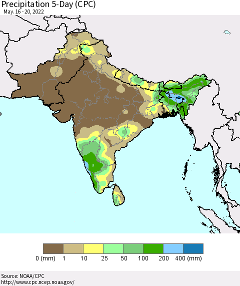 Southern Asia Precipitation 5-Day (CPC) Thematic Map For 5/16/2022 - 5/20/2022