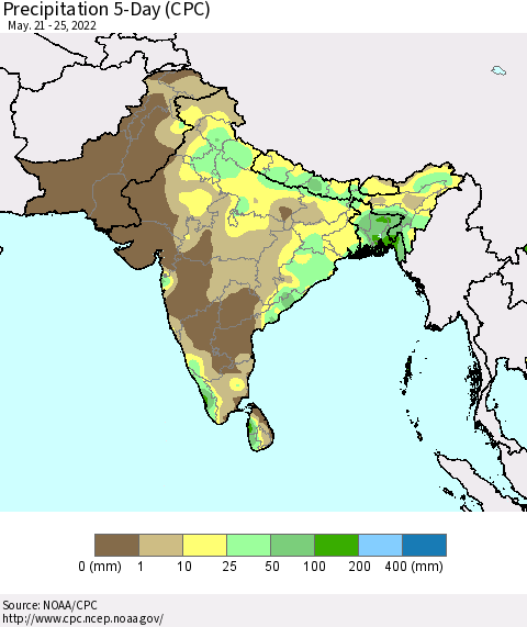Southern Asia Precipitation 5-Day (CPC) Thematic Map For 5/21/2022 - 5/25/2022