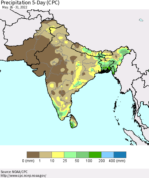 Southern Asia Precipitation 5-Day (CPC) Thematic Map For 5/26/2022 - 5/31/2022