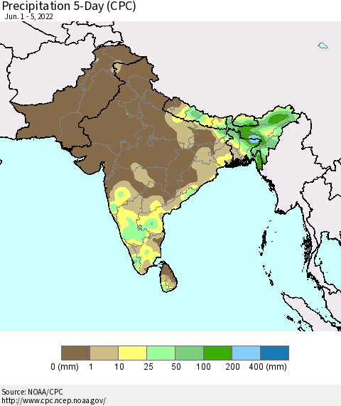 Southern Asia Precipitation 5-Day (CPC) Thematic Map For 6/1/2022 - 6/5/2022