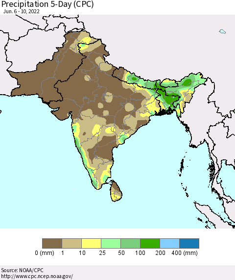 Southern Asia Precipitation 5-Day (CPC) Thematic Map For 6/6/2022 - 6/10/2022