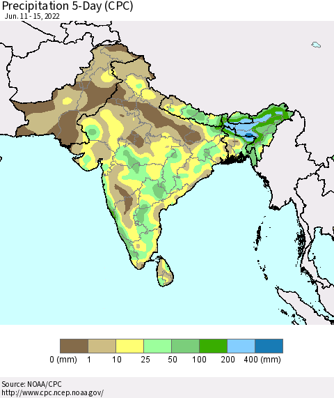 Southern Asia Precipitation 5-Day (CPC) Thematic Map For 6/11/2022 - 6/15/2022
