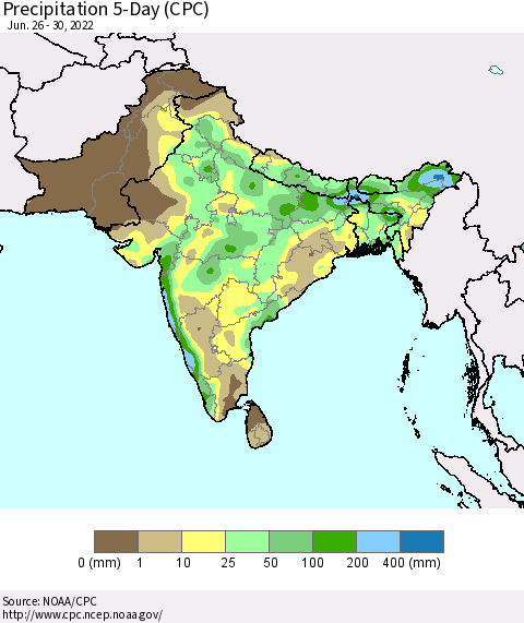 Southern Asia Precipitation 5-Day (CPC) Thematic Map For 6/26/2022 - 6/30/2022