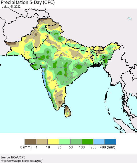 Southern Asia Precipitation 5-Day (CPC) Thematic Map For 7/1/2022 - 7/5/2022