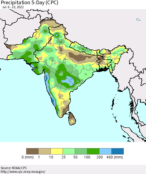 Southern Asia Precipitation 5-Day (CPC) Thematic Map For 7/6/2022 - 7/10/2022