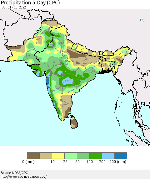 Southern Asia Precipitation 5-Day (CPC) Thematic Map For 7/11/2022 - 7/15/2022