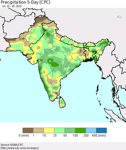 Southern Asia Precipitation 5-Day (CPC) Thematic Map For 7/16/2022 - 7/20/2022