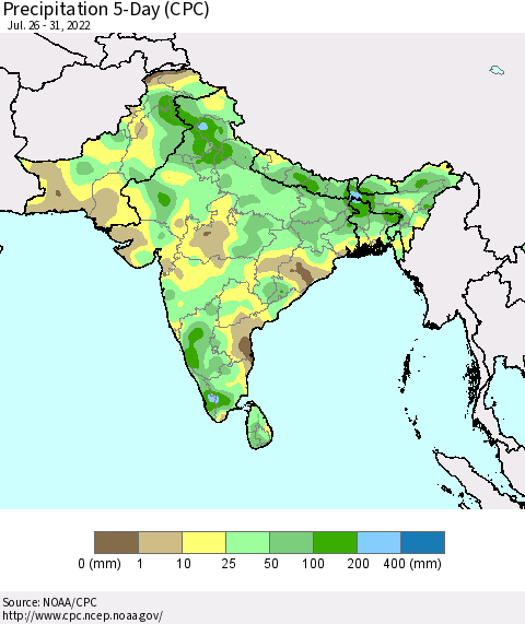 Southern Asia Precipitation 5-Day (CPC) Thematic Map For 7/26/2022 - 7/31/2022