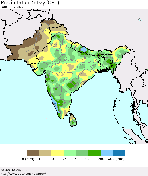 Southern Asia Precipitation 5-Day (CPC) Thematic Map For 8/1/2022 - 8/5/2022
