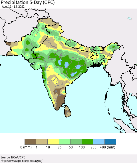 Southern Asia Precipitation 5-Day (CPC) Thematic Map For 8/11/2022 - 8/15/2022
