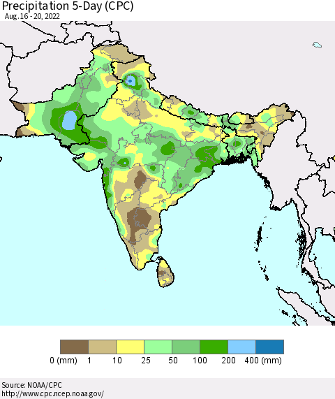 Southern Asia Precipitation 5-Day (CPC) Thematic Map For 8/16/2022 - 8/20/2022