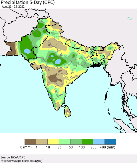 Southern Asia Precipitation 5-Day (CPC) Thematic Map For 8/21/2022 - 8/25/2022