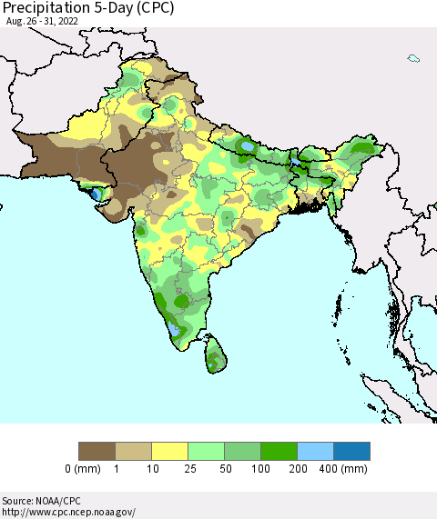 Southern Asia Precipitation 5-Day (CPC) Thematic Map For 8/26/2022 - 8/31/2022