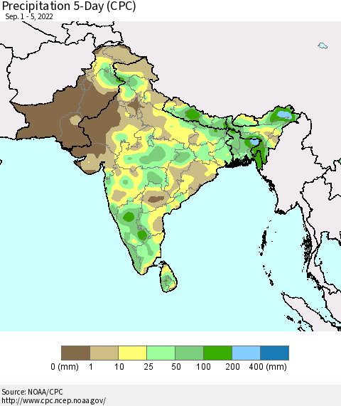 Southern Asia Precipitation 5-Day (CPC) Thematic Map For 9/1/2022 - 9/5/2022