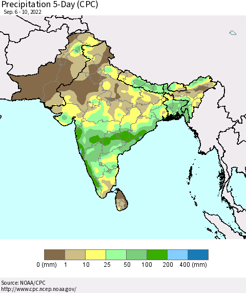 Southern Asia Precipitation 5-Day (CPC) Thematic Map For 9/6/2022 - 9/10/2022