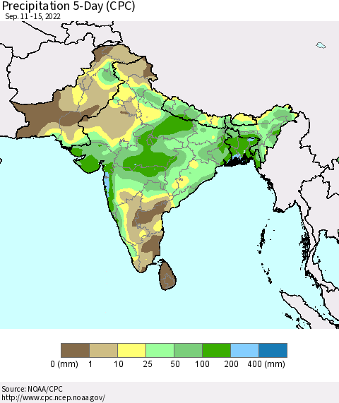 Southern Asia Precipitation 5-Day (CPC) Thematic Map For 9/11/2022 - 9/15/2022