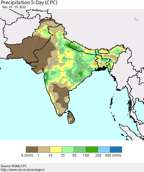Southern Asia Precipitation 5-Day (CPC) Thematic Map For 9/16/2022 - 9/20/2022