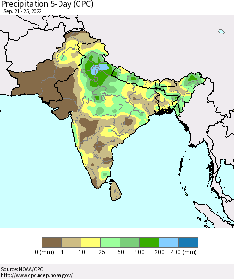 Southern Asia Precipitation 5-Day (CPC) Thematic Map For 9/21/2022 - 9/25/2022