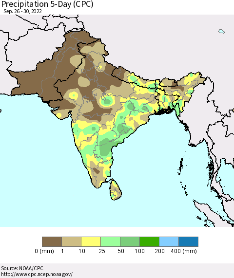 Southern Asia Precipitation 5-Day (CPC) Thematic Map For 9/26/2022 - 9/30/2022