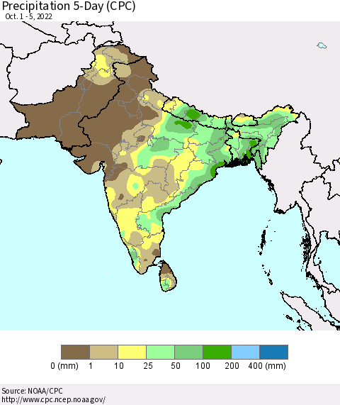 Southern Asia Precipitation 5-Day (CPC) Thematic Map For 10/1/2022 - 10/5/2022
