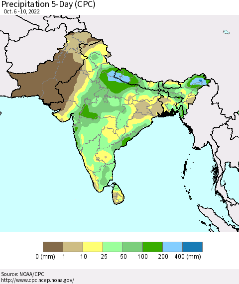 Southern Asia Precipitation 5-Day (CPC) Thematic Map For 10/6/2022 - 10/10/2022