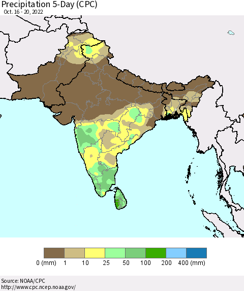 Southern Asia Precipitation 5-Day (CPC) Thematic Map For 10/16/2022 - 10/20/2022