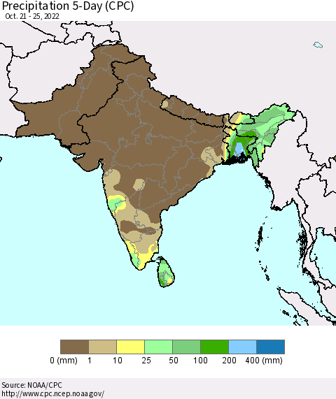Southern Asia Precipitation 5-Day (CPC) Thematic Map For 10/21/2022 - 10/25/2022