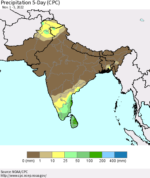 Southern Asia Precipitation 5-Day (CPC) Thematic Map For 11/1/2022 - 11/5/2022