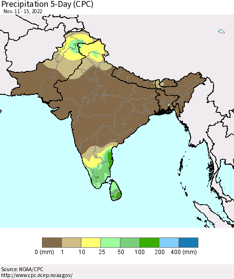 Southern Asia Precipitation 5-Day (CPC) Thematic Map For 11/11/2022 - 11/15/2022