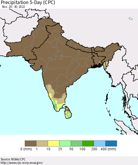 Southern Asia Precipitation 5-Day (CPC) Thematic Map For 11/26/2022 - 11/30/2022