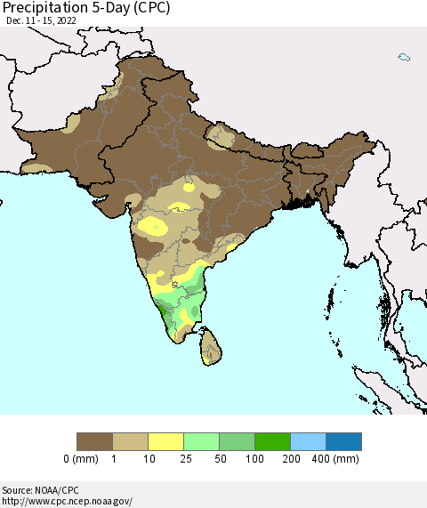 Southern Asia Precipitation 5-Day (CPC) Thematic Map For 12/11/2022 - 12/15/2022
