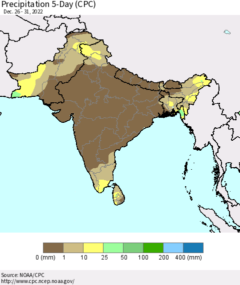 Southern Asia Precipitation 5-Day (CPC) Thematic Map For 12/26/2022 - 12/31/2022
