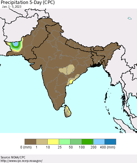 Southern Asia Precipitation 5-Day (CPC) Thematic Map For 1/1/2023 - 1/5/2023