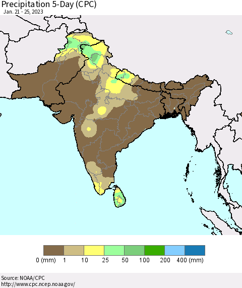 Southern Asia Precipitation 5-Day (CPC) Thematic Map For 1/21/2023 - 1/25/2023