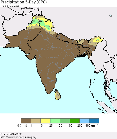 Southern Asia Precipitation 5-Day (CPC) Thematic Map For 2/6/2023 - 2/10/2023