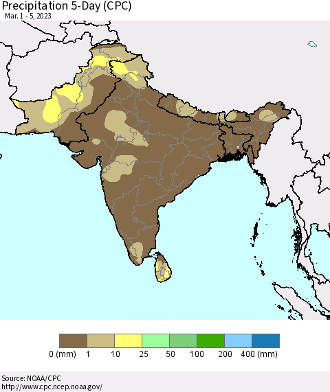 Southern Asia Precipitation 5-Day (CPC) Thematic Map For 3/1/2023 - 3/5/2023