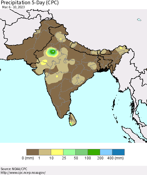 Southern Asia Precipitation 5-Day (CPC) Thematic Map For 3/6/2023 - 3/10/2023