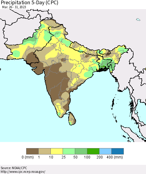 Southern Asia Precipitation 5-Day (CPC) Thematic Map For 3/26/2023 - 3/31/2023