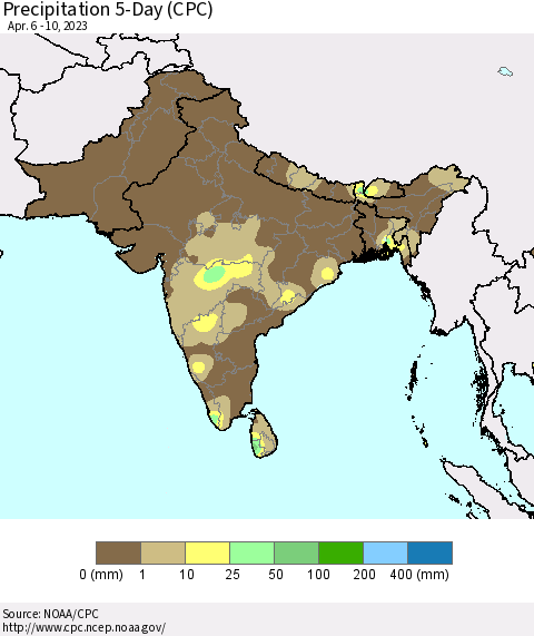 Southern Asia Precipitation 5-Day (CPC) Thematic Map For 4/6/2023 - 4/10/2023