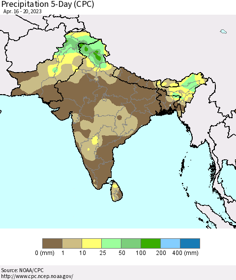Southern Asia Precipitation 5-Day (CPC) Thematic Map For 4/16/2023 - 4/20/2023
