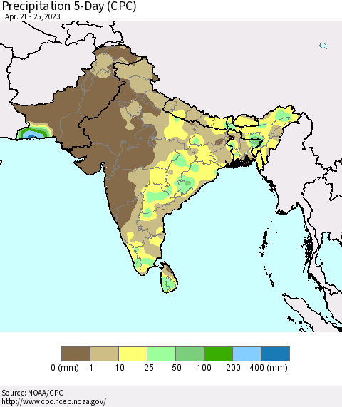 Southern Asia Precipitation 5-Day (CPC) Thematic Map For 4/21/2023 - 4/25/2023