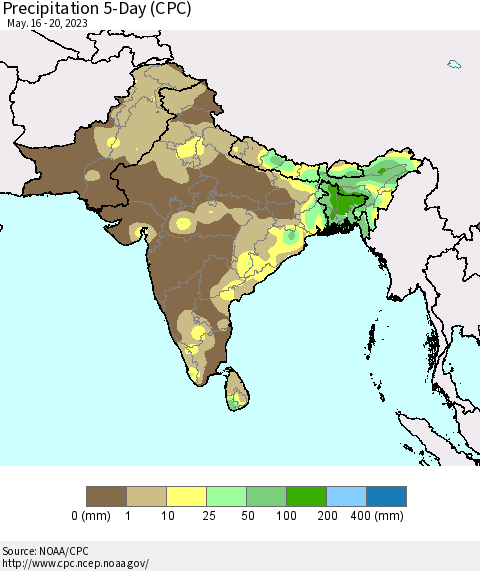 Southern Asia Precipitation 5-Day (CPC) Thematic Map For 5/16/2023 - 5/20/2023