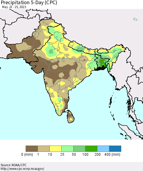 Southern Asia Precipitation 5-Day (CPC) Thematic Map For 5/21/2023 - 5/25/2023