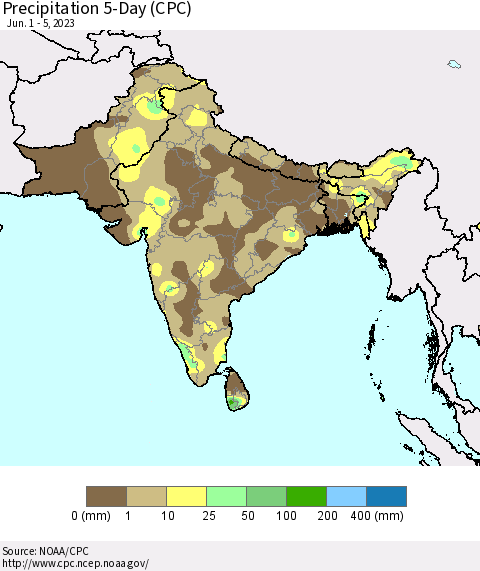 Southern Asia Precipitation 5-Day (CPC) Thematic Map For 6/1/2023 - 6/5/2023