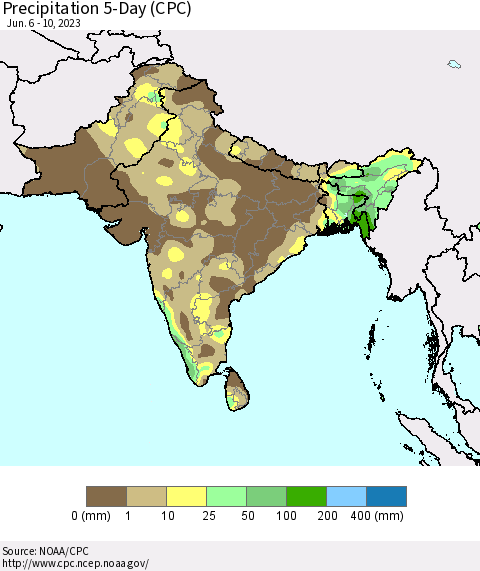 Southern Asia Precipitation 5-Day (CPC) Thematic Map For 6/6/2023 - 6/10/2023