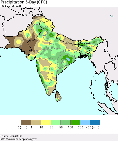 Southern Asia Precipitation 5-Day (CPC) Thematic Map For 6/21/2023 - 6/25/2023