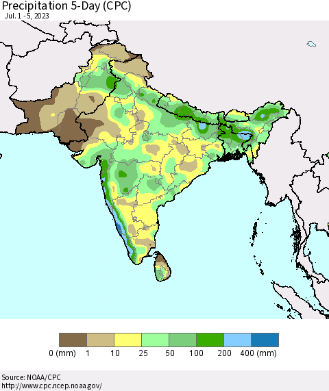 Southern Asia Precipitation 5-Day (CPC) Thematic Map For 7/1/2023 - 7/5/2023