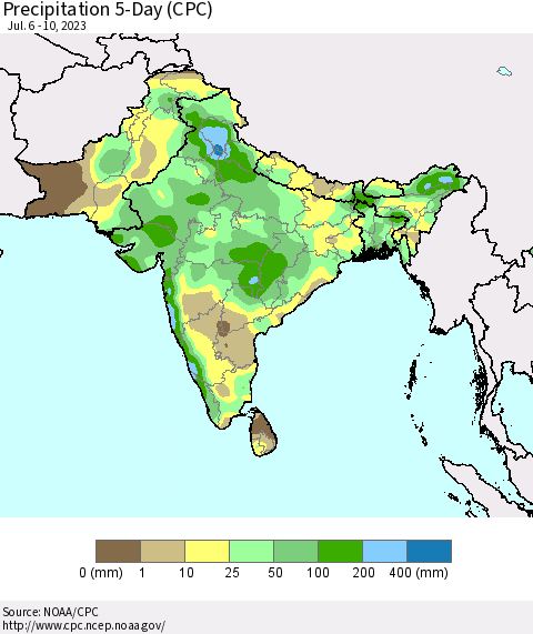 Southern Asia Precipitation 5-Day (CPC) Thematic Map For 7/6/2023 - 7/10/2023