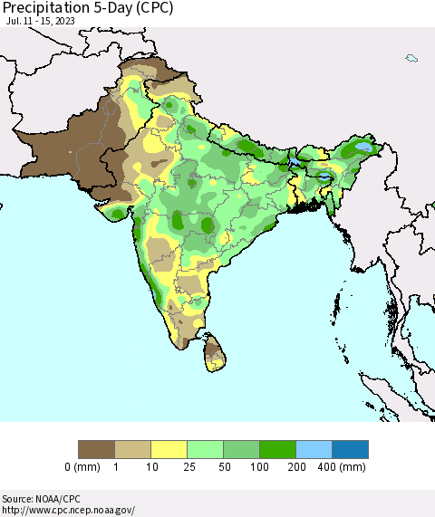 Southern Asia Precipitation 5-Day (CPC) Thematic Map For 7/11/2023 - 7/15/2023